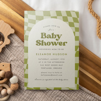 Green Retro Groovy 70s Checkerboard Baby Shower Invitation by ClementineCreative at Zazzle