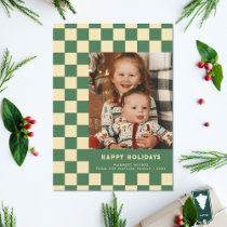 Green Retro Groovy Checkered Happy Holidays Photo Holiday Card