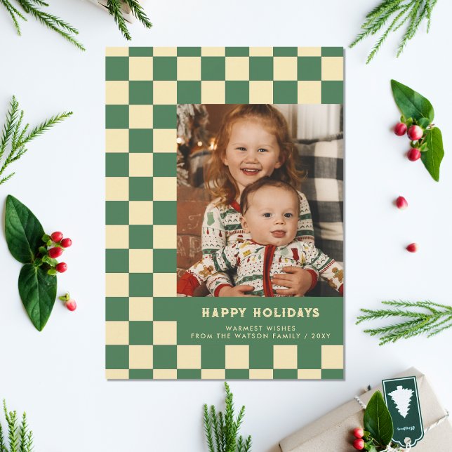 Green Retro Groovy Checkered Happy Holidays Photo Holiday Card (Green Retro Groovy Checkered Happy Holidays Photo Holiday Card)