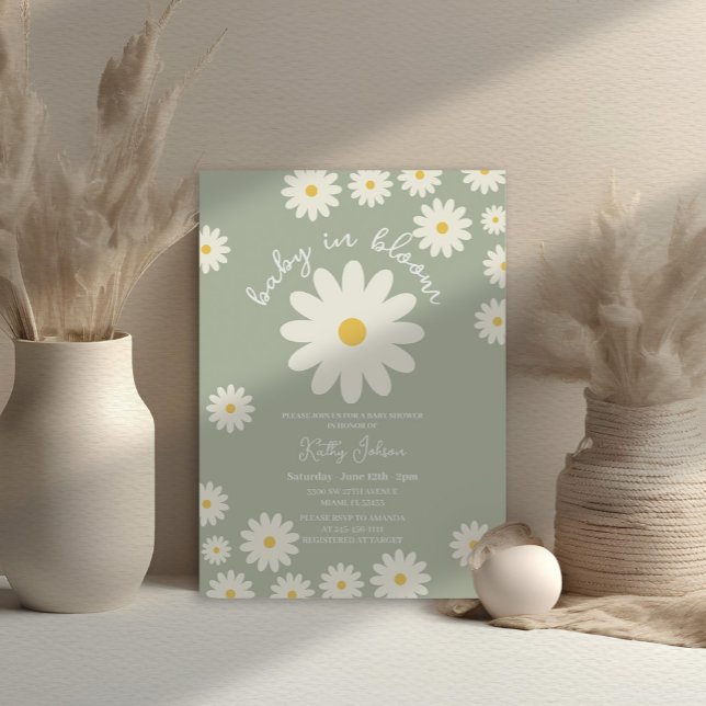 Green Retro Groovy Daisy Baby in Bloom Shower  Invitation (Creator Uploaded)