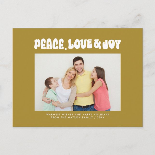 Green Retro Groovy Peace Love Joy Photo Holiday Postcard (Front)