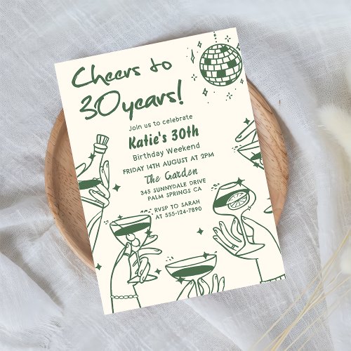 Green Retro Hand Drawn Funky 30th Birthday Invitation