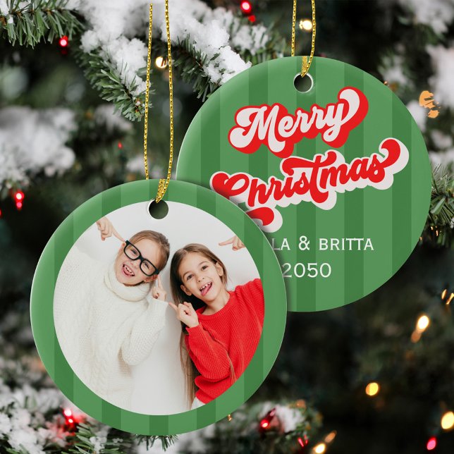 Green Retro Merry Christmas Photo Custom Ceramic Ornament (Red and Green Retro Christmas Photo Ornament.)