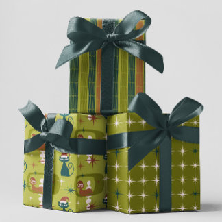 Green Retro Mid Century Modern Cat Christmas   Wrapping Paper Sheets