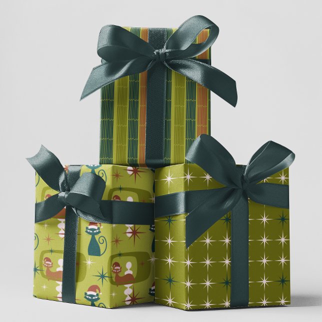 Green Retro Mid Century Modern Cat Christmas   Wrapping Paper Sheets (Creator Uploaded)