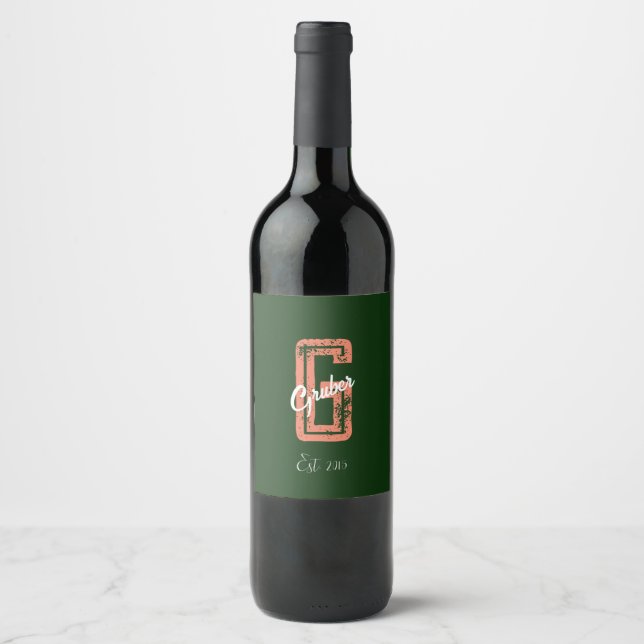 Green Retro Minimalist Modern Monogram Name   Wine Label (Front)