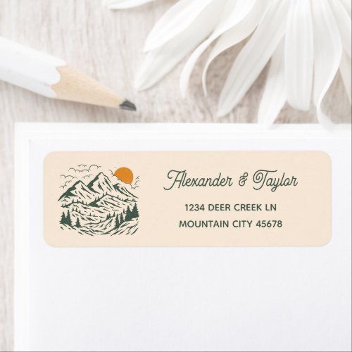 Green Retro Mountain Landscape Wedding Address Label