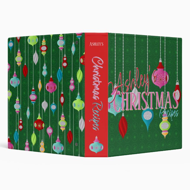 Green Retro Ornaments Christmas Recipe 3 Ring Binder (Background)