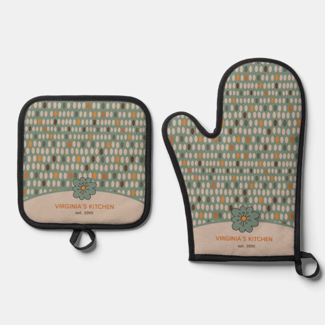 Green Retro Ovals Pattern Personalized Oven Mitt & Pot Holder Set (Front)