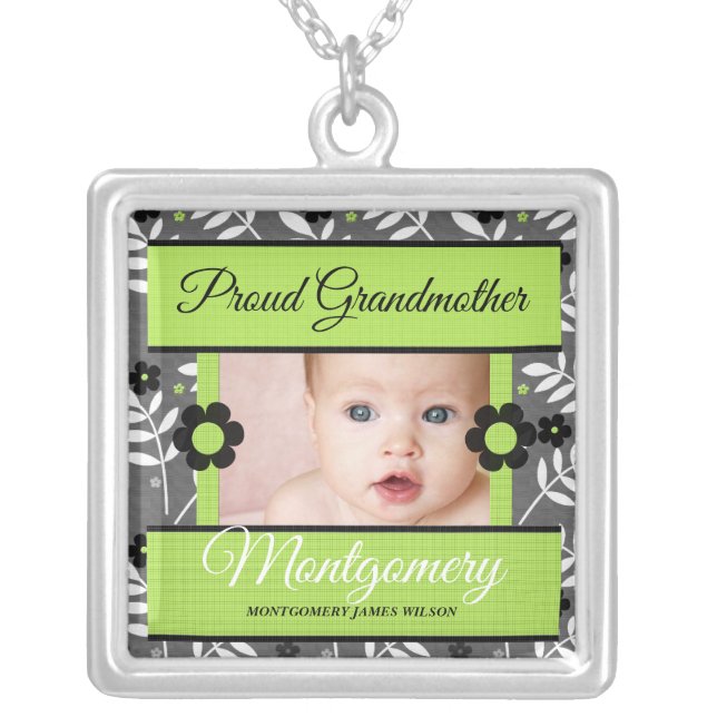 Green Retro Proud Grandmother Photo Silver Plated Necklace (Front)