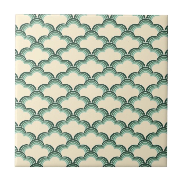 Green retro style waves pattern ceramic tile (Front)