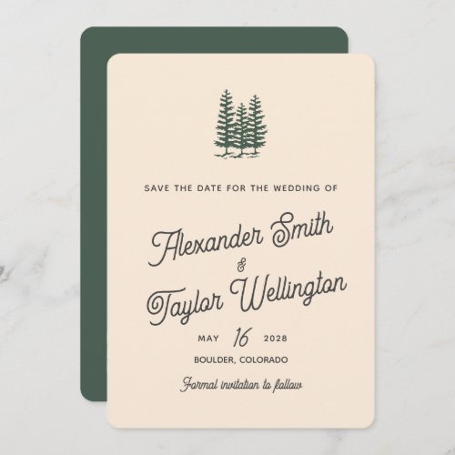 Green Retro Trees QR Code Mountain Wedding Save The Date