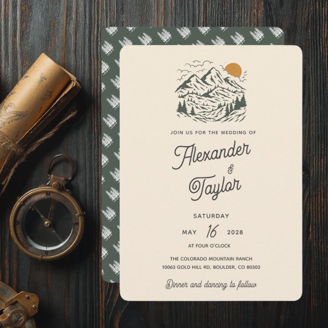 Green Retro Vintage Mountain Landscape Wedding Invitation (Creator Uploaded)