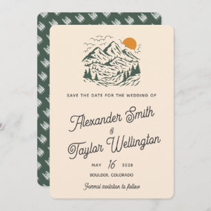 Green Retro Vintage Mountain Landscape Wedding Save The Date