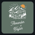 Green Retro Vintage Mountain Landscape Wedding Square Sticker<br><div class="desc">A fun and modern illustrated mountain wedding sticker for wedding guests favors or to use as envelope seals.</div>