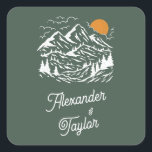 Green Retro Vintage Mountain Landscape Wedding Square Sticker<br><div class="desc">A fun and modern illustrated mountain wedding sticker for wedding guests favors or to use as envelope seals.</div>