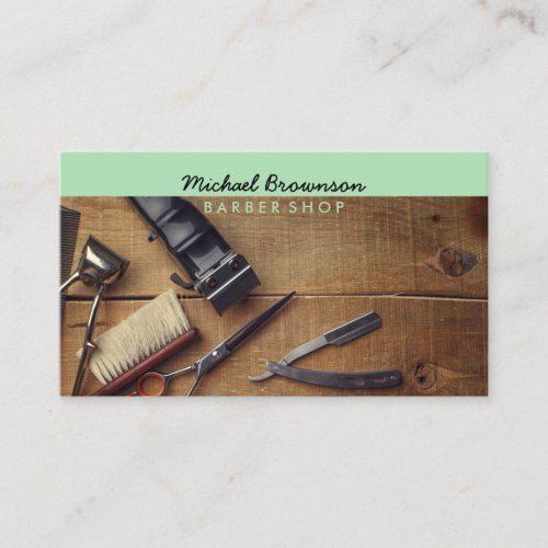 Green Retro Wood Rustic Hair Stylist Master Barber Business Card