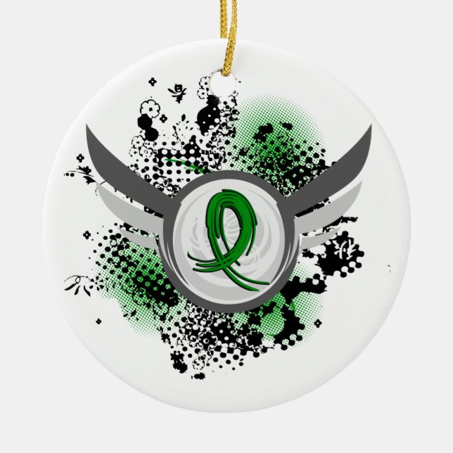 Green Ribbon And Wings Kidney Disease Ceramic Ornament (Front)