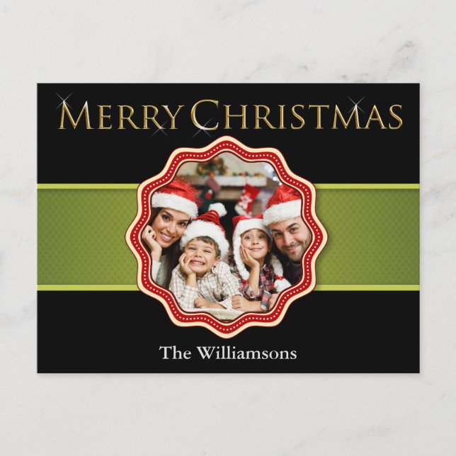 Green Ribbon Christmas Medallion Photo Holiday Postcard (Front)