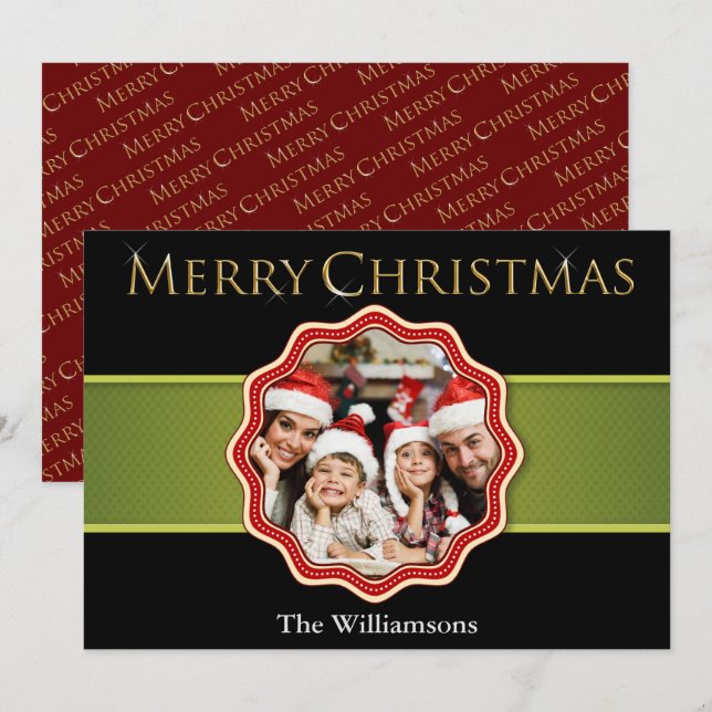 Green Ribbon Colorful Christmas Medallion Photo Holiday Card (Front/Back)