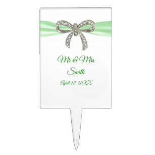 Green Ribbon Diamond Bow Wedding Cake Topper
