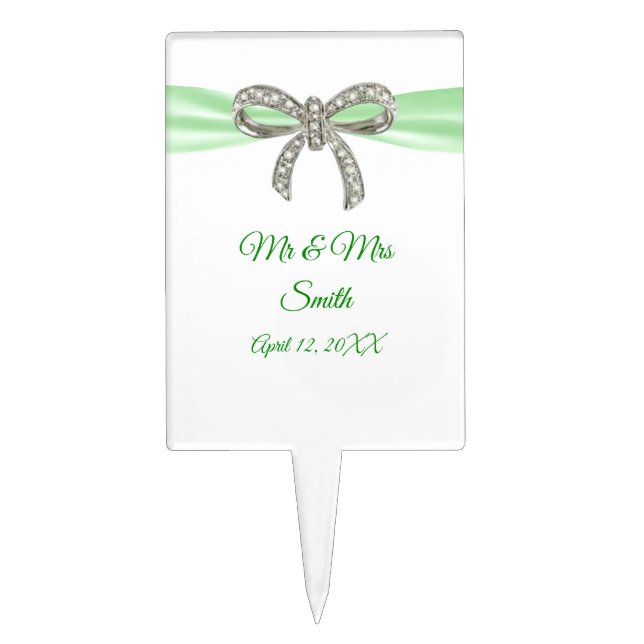 Green Ribbon Diamond Bow Wedding Cake Topper (Front)