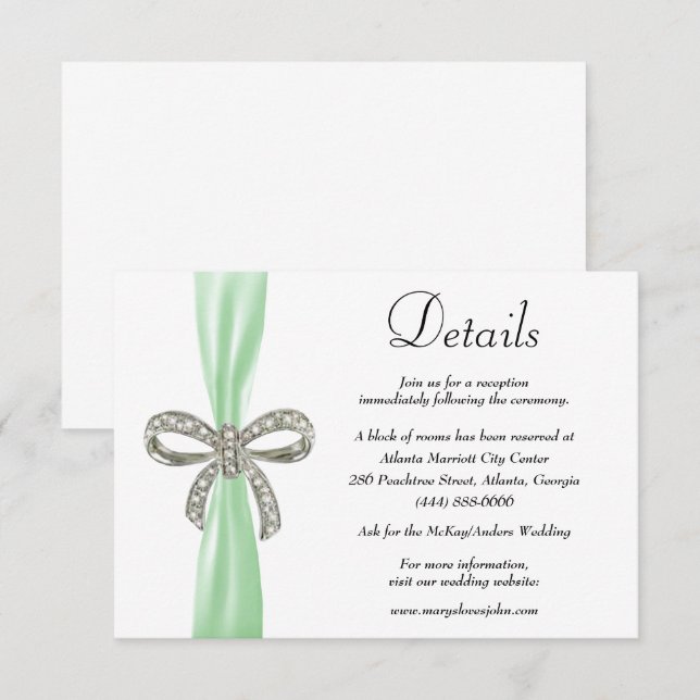Green Ribbon Diamond Bow Wedding Details Enclosure Card (Front/Back)