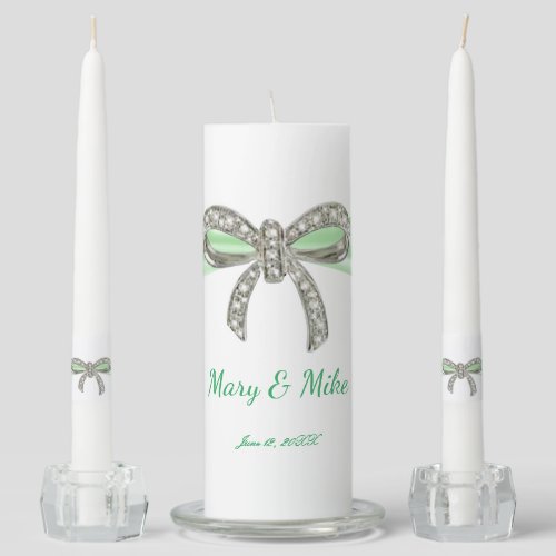 Green Ribbon Diamond Bow Wedding Unity Candle Set