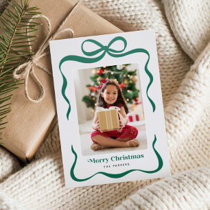 Green Ribbon Gift Bow Merry Christmas Photo Letterpress Photo Cards