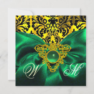 GREEN RIBBON GOLD CELTIC HEART DAMASK MONOGRAM INVITATION