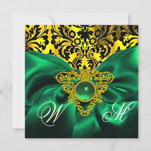 GREEN RIBBON GOLD CELTIC HEART  DAMASK MONOGRAM INVITATION