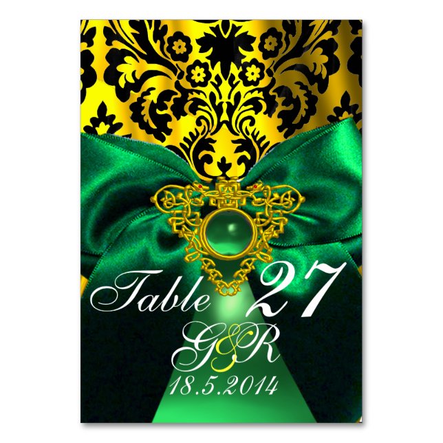 GREEN RIBBON GOLD CELTIC HEART DAMASK MONOGRAM TABLE NUMBER (Front)