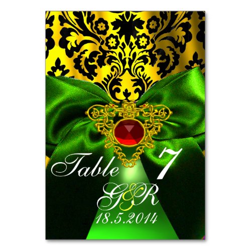 GREEN RIBBON GOLD CELTIC HEART DAMASK MONOGRAM TABLE NUMBER