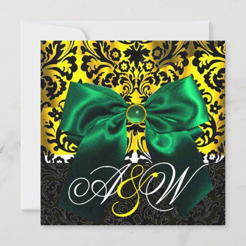 GREEN RIBBON GOLD YELLOW  BLACK  DAMASK MONOGRAM INVITATION