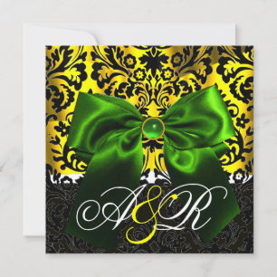GREEN RIBBON GOLD YELLOW BLACK DAMASK MONOGRAM INVITATION