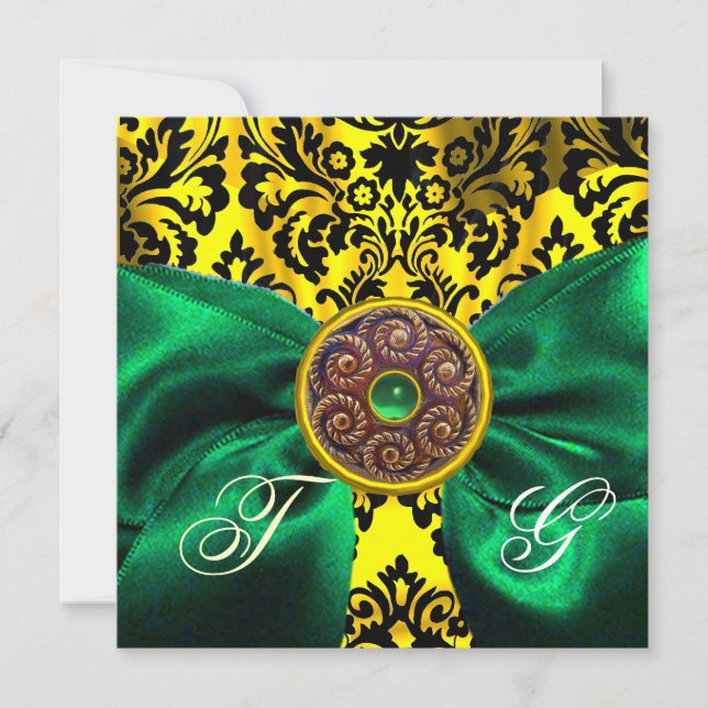 GREEN  RIBBON GOLD YELLOW  BLACK  DAMASK MONOGRAM INVITATION (Front)
