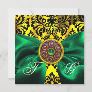 GREEN  RIBBON GOLD YELLOW  BLACK  DAMASK MONOGRAM INVITATION