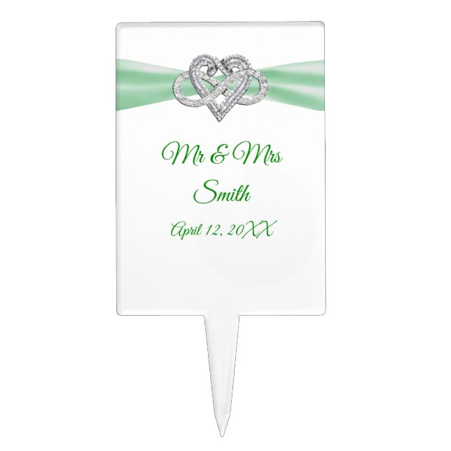 Green Ribbon Infinity Heart Wedding Cake Topper (Front)