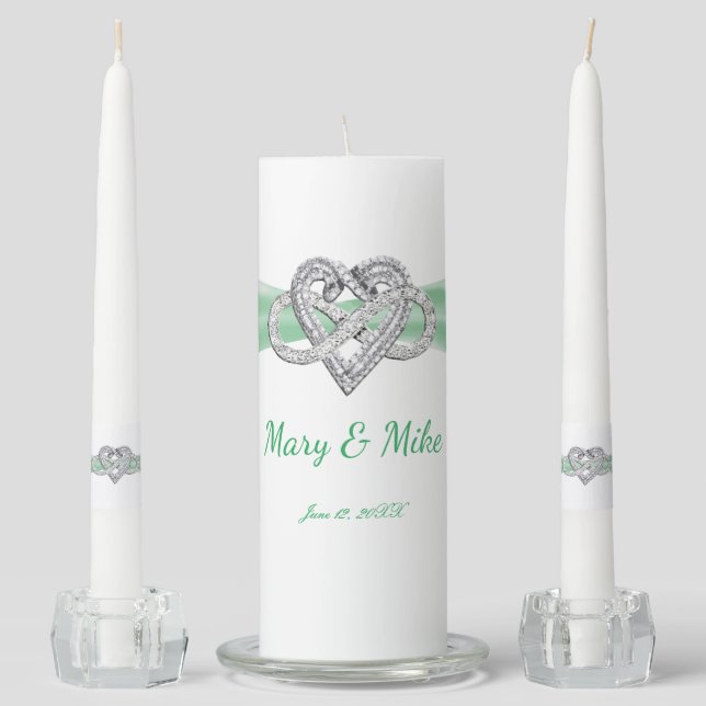 Green Ribbon Infinity Heart Wedding Unity Candle Set (Front)