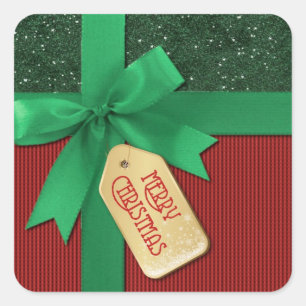 Green Ribbon Merry Christmas Gift Square Sticker