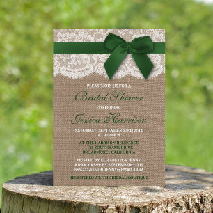 Green Ribbon On Burlap & Lace Bridal Shower Invitation