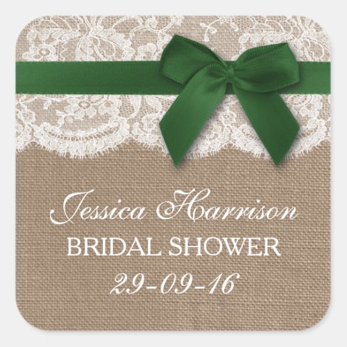 Green Ribbon On Burlap  Lace Bridal Shower Square Sticker