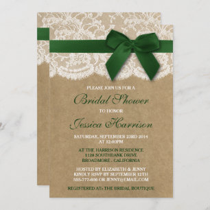 Green Ribbon On Kraft & Lace Bridal Shower Invitation