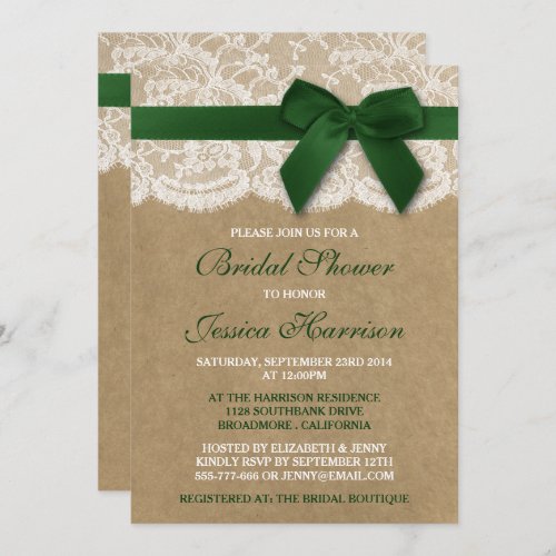 Green Ribbon On Kraft  Lace Bridal Shower Invitation