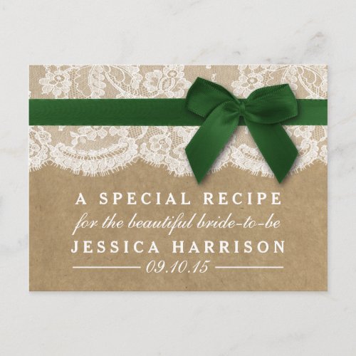 Green Ribbon On Kraft  Lace Bridal Shower Recipe Invitation Postcard