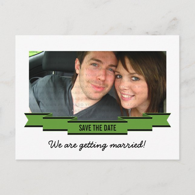 Green Ribbon Photo Save the Date Postcard (Front)