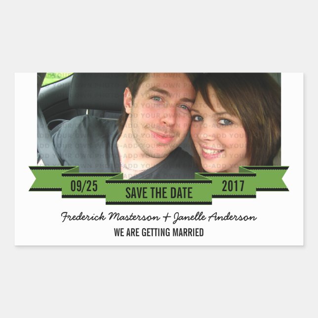 Green Ribbon Photo Save the Date Stickers (Front)