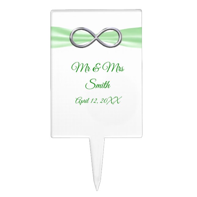 Green Ribbon Silver Infinity Wedding Cake Topper (Front)