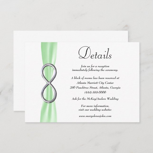 Green Ribbon Silver Infinity Wedding Details Enclosure Card (Front/Back)