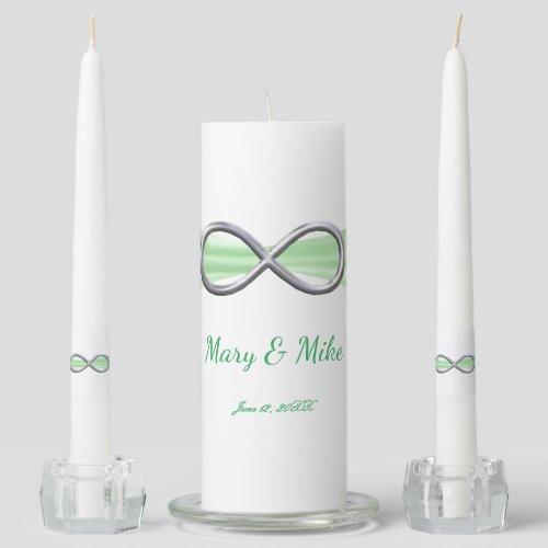 Green Ribbon Silver Infinity Wedding Unity Candle Set